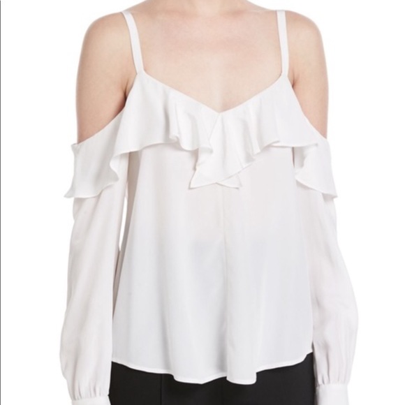 NWT A.L.C. Felix Silk Cold Shoulder Long Sleeve Ruffle Top Blouse Gesso 6 $325 - Picture 4 of 11